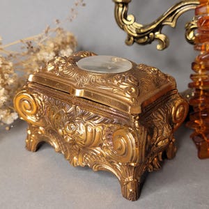 Antique jewelry box with mother-of-pearl cabochon | Baroque style trinket box | Vintage ornate metal box with red velvet interior