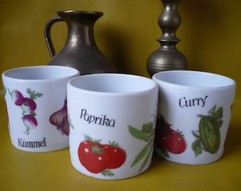Porcelain spice jars for curry, paprika and caraway seeds. Vintage, Germany