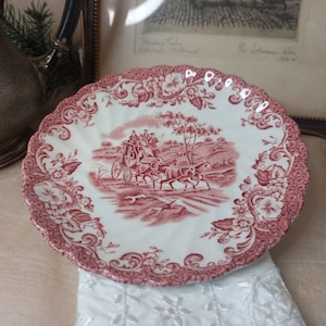 Red collector&#39;s plate from the Johnson Brothers company from the &quot;Coaching Scenes&quot; series, vintage from England