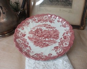Red collector's plate from the Johnson Brothers company from the "Coaching Scenes" series, vintage from England