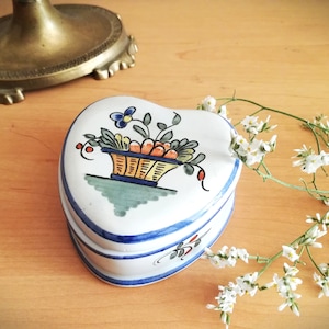 Vintage antique Vien Porcelain Heart Trinket Box - Handpainted Floral Basket Mother&#39;s Day Gift