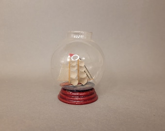 Vintage Ship in Glass Globe / Vessel on Red Stand, Nautical Home Decor