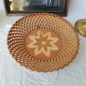 Wooden bowl with handmade inlays, vintage from Austria