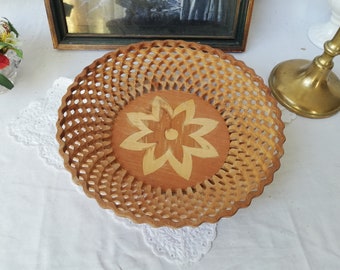 Wooden bowl with handmade inlays, vintage from Austria