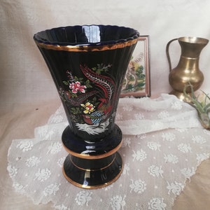 Blue porcelain vase with pheasants. Vintage from Austria