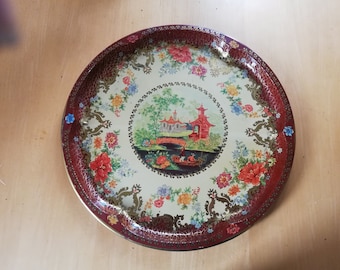 Colored serving plate with Asian scenes, decorative metal plate from England, serving plate from DAHER DECORATED WARE