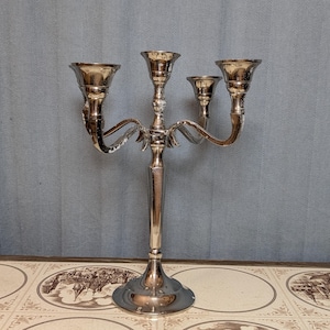 Può includere: Un candelabro in metallo argentato con uno stelo centrale e quattro bracci curvi che si estendono verso l'esterno per sostenere quattro portacandele individuali. La struttura è sostenuta da una base circolare e presenta una finitura lucida.