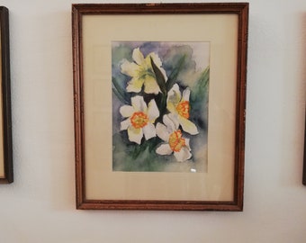 Original watercolor picture with floral motif, hand-signed painting with wooden frame, original painting with passe-partout  behind glass