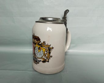 Caneca de cerveja antiga Wanderfreunde Klam | Caneca de cerâmica com tampa de estanho | Adereço de teatro Südbahnhotel