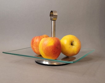 Vintage Square Glass Cake Stand with Metal Handle (15x21 cm) | Mid-Century Modern Pedestal Tray | Retro Dessert Fruit Server