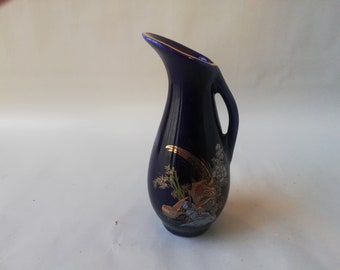 Elegante Vaso de Porcelana Azul Cobalto com Faisões Dourados - Decorativo e Funcional