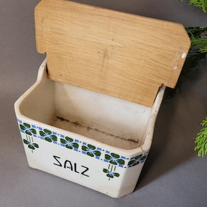 Puede incluir: Un salero de cer&aacute;mica blanca para colgar en la pared con tapa de madera. La caja est&aacute; decorada con un estampado floral azul y verde y la palabra "SALZ" en negro. La tapa es de madera clara.