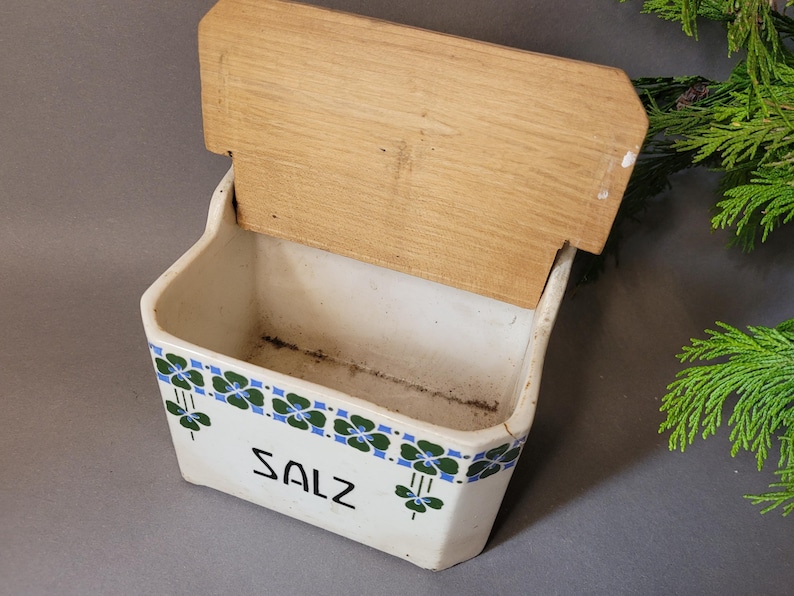 Puede incluir: Un salero de cer&aacute;mica blanca para colgar en la pared con tapa de madera. La caja est&aacute; decorada con un estampado floral azul y verde y la palabra "SALZ" en negro. La tapa es de madera clara.
