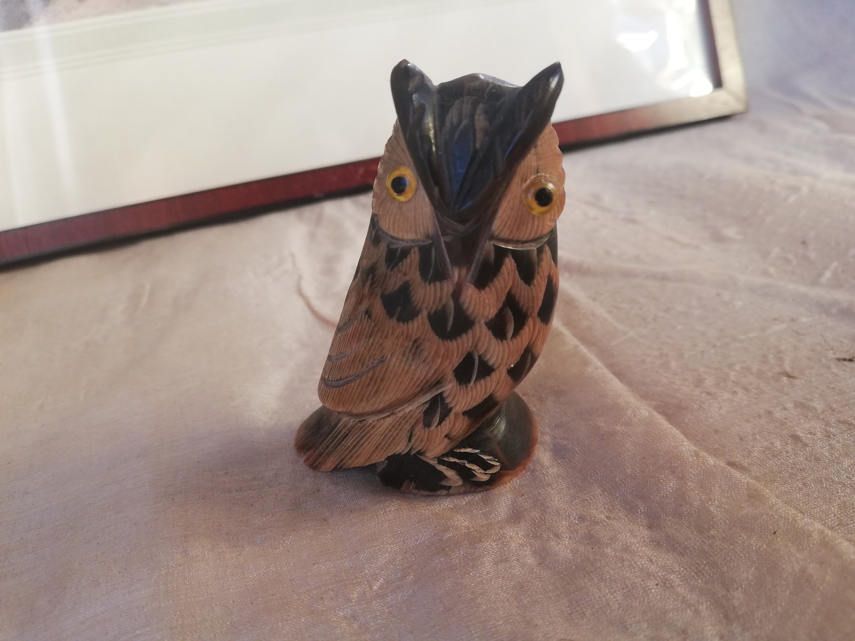 Hand-carved, painted horn owl for collectors or decorative purposes. Vintage from Austria