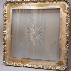 Antique Silver-Plated Copper Tray with Etched Glass | Vintage French Vanity Tray | Ornate Argenter Marked Tray – 30 cm