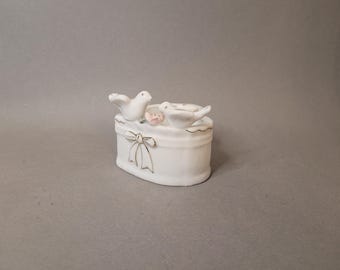 陶器製の鳩の鳥のハート型蓋付き小物入れ スタジオ陶器 装飾ボックス