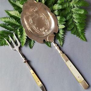 Set of cutlery - fork and spoon, metal, natural mother-of-pearl, vintage, Germany