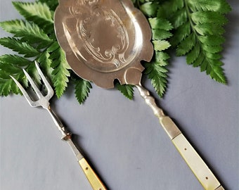 Set Essbesteck- Gabel und Löffel, Metall, natürliches Perlmutt, Vintage,Deutschland