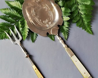 Set of cutlery - fork and spoon, metal, natural mother-of-pearl, vintage, Germany