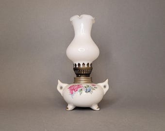Miniature Vintage Oil Lamp — Porcelain Floral Base, Frosted Milk Glass Shade, Decorative Kerosene Lamp