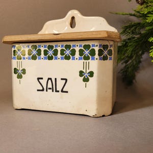 Puede incluir: Salero de cer&aacute;mica color crema con tapa de madera. La caja presenta un borde decorativo de dise&ntilde;os florales verdes y azules. La palabra "SALZ" est&aacute; impresa en negro en la parte delantera. Un encantador accesorio de cocina.