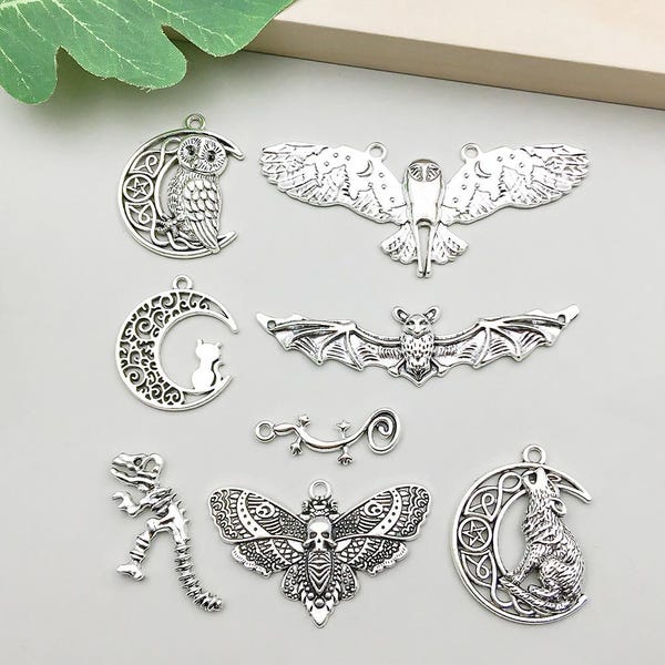 BULK 40Pcs Animal Bat Owl Wolf Charms DIY Jewelry Making Pendants Antique Silver