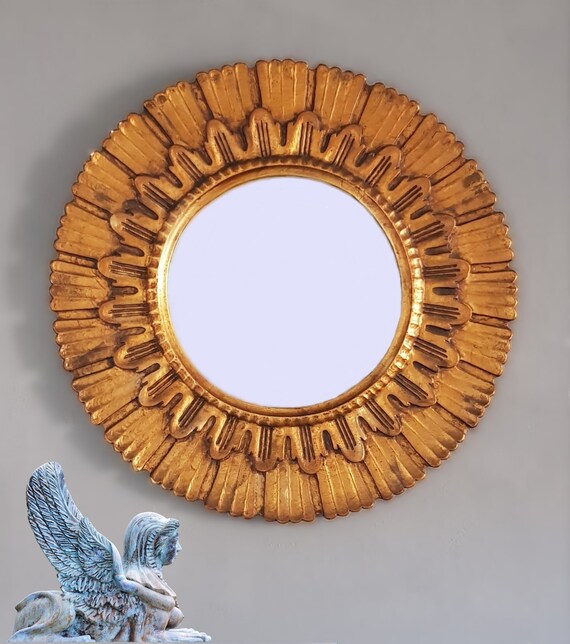 50 60s Mirror Antique Sun Vintage Polychrome Wood Gold Round Medium Wall