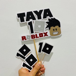 Personalised Roblox cake topper and matching cupcake toppers. Roblox boy avatar. Roblox girl avatar. Roblox birthday. Roblox party