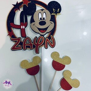 Personalized Glitter Mickey Mouse Cake Topper with Cupcake Toppers
