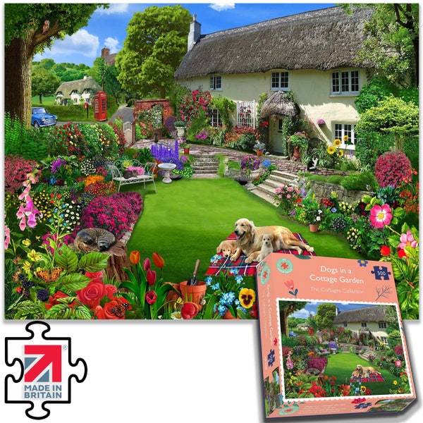 Dogs in a Country Cottage Garden 1000 or 500  Jigsaw Puzzle For Adults