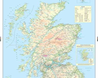Scotland Road Wall Map Laminated With Postcode, Ferry Routes, Mileage, Motorways Detail Size: 91 x 114 cm