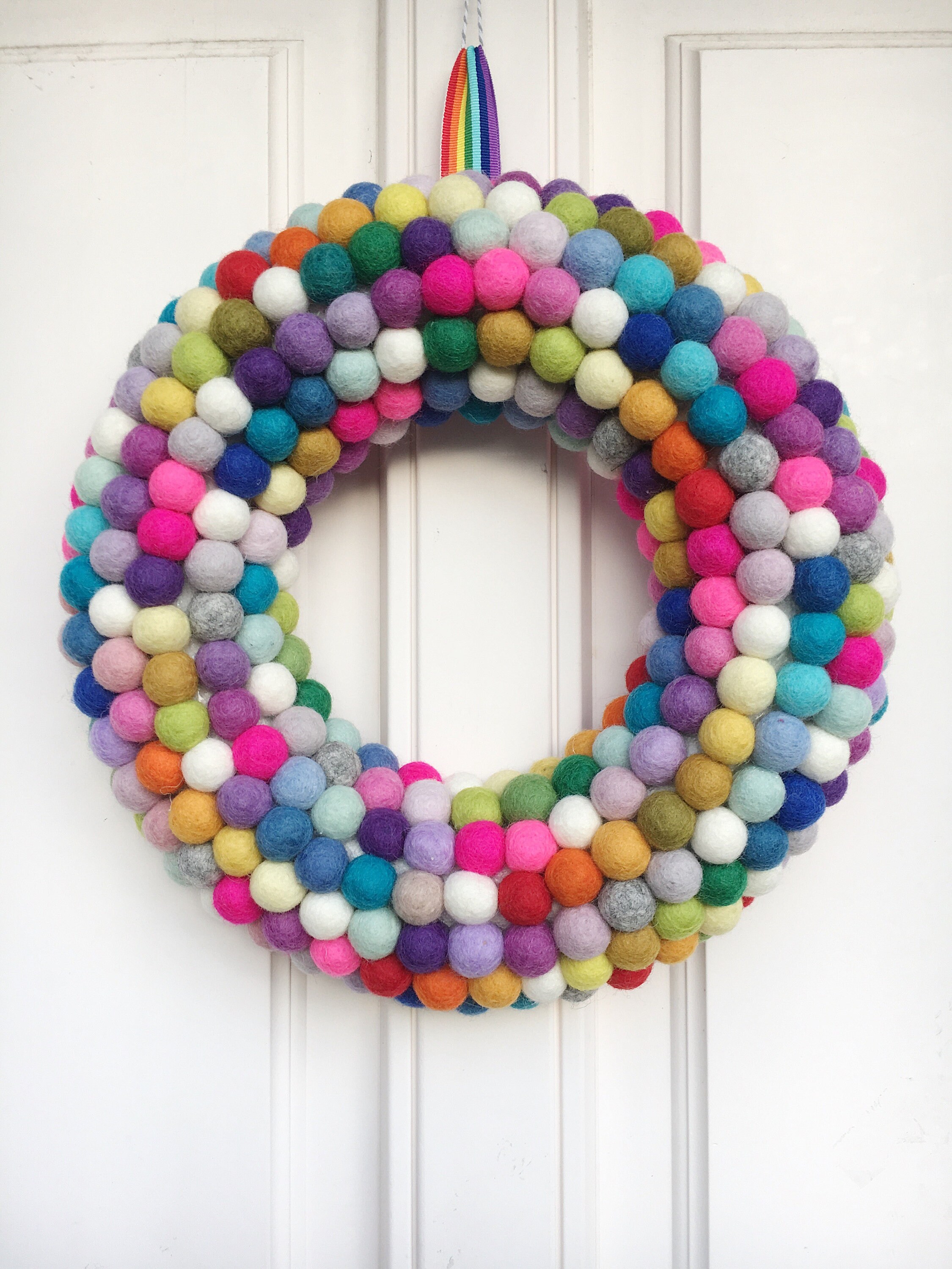 Rainbow Felt Ball Wreath. Holiday Wreath. Bright Door Wreath. Etsy