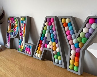 4 Letter Word. LOVE. PLAY. HOME. Rainbow Felt Ball Letters. Pom Pom Letters. Woooden Letters. Nursery Decor. Playroom Decor. Personalised