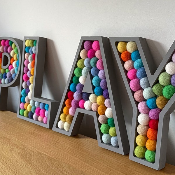 4 Letter Word. LOVE. PLAY. HOME. Rainbow Felt Ball Letters. Pom Pom Letters. Woooden Letters. Nursery Decor. Playroom Decor. Personalised