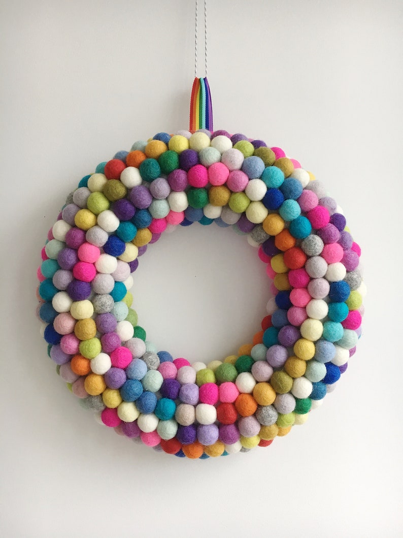Rainbow Felt Ball Wreath. Holiday Wreath. Bright Door Wreath. Etsy