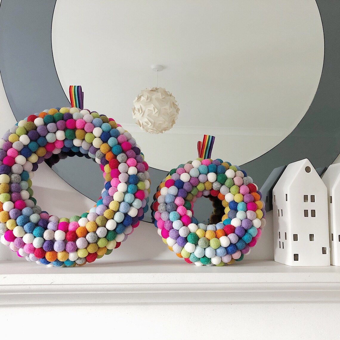 Rainbow Felt Ball Wreath. Holiday Wreath. Bright Door Wreath. Etsy
