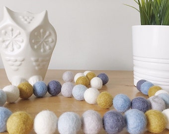 Blue grey mustard felt ball garland. Pom pom garland. Pom pom bunting. Nursery decor. Baby gift. Home accessories