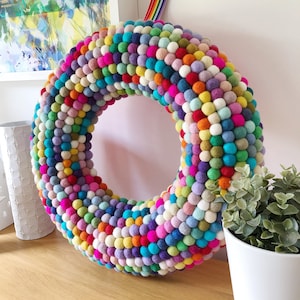 Extra large felt ball rainbow wreath. Holiday wreath. Bright door wreath. Pom Pom door wreath. Home decor. Christmas