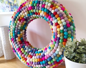 Extra large felt ball rainbow wreath. Holiday wreath. Bright door wreath. Pom Pom door wreath. Home decor. Christmas