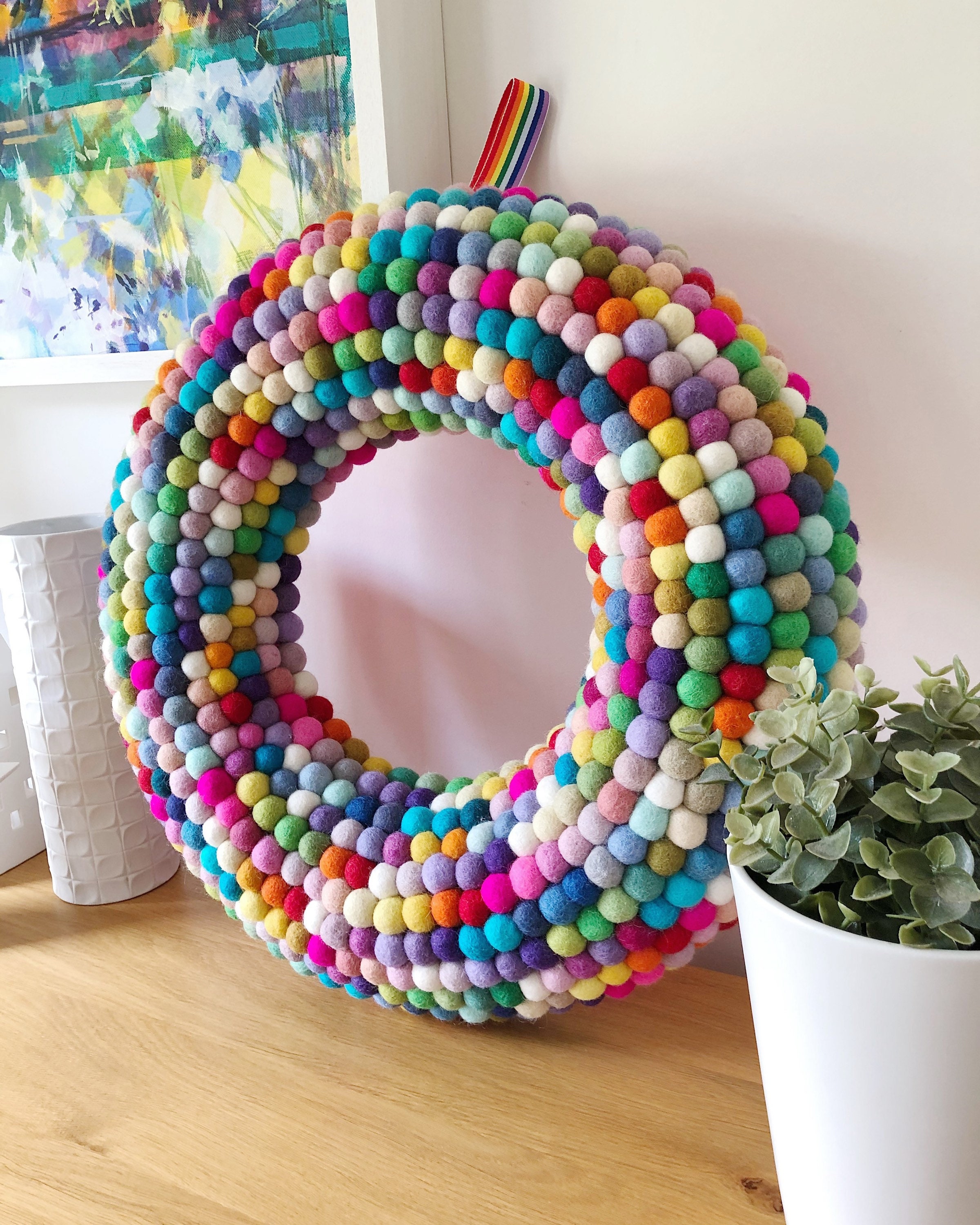 Extra large felt ball rainbow wreath. Holiday wreath. Bright door wreath. Pom Pom door wreath. Home decor. Christmas