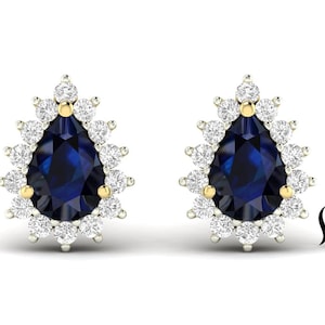 Pear Shape Natural Blue Sapphire Double Halo Earring With Natural Diamond Genuine Blue Sapphire double halo stud real diamond earring