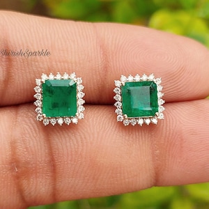 18k Gold Emerald Earrings Stud, Genuine diamond natural Solitaire Emerald Asscher emerald earrings Zambia Emerald, Emerald halo earring