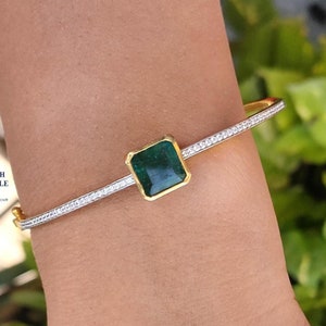 Emerald bangle bracelet natural emerald diamond solid gold bracelet for her / genuine vivid green emerald armlet / green emerald bracelet