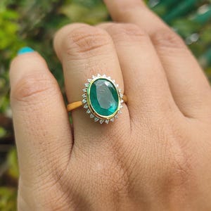 Oval emerald bezel setting promise ring for women, natural vivid green emerald white gold ring for her, genuine emerald solid gold ring