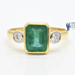 Emerald & diamonds 18K ring,Natural Emerald Gold Ring, Diamond And Emerald Cut emerald Ring, Solitaire Emerald Ring for wedding gift