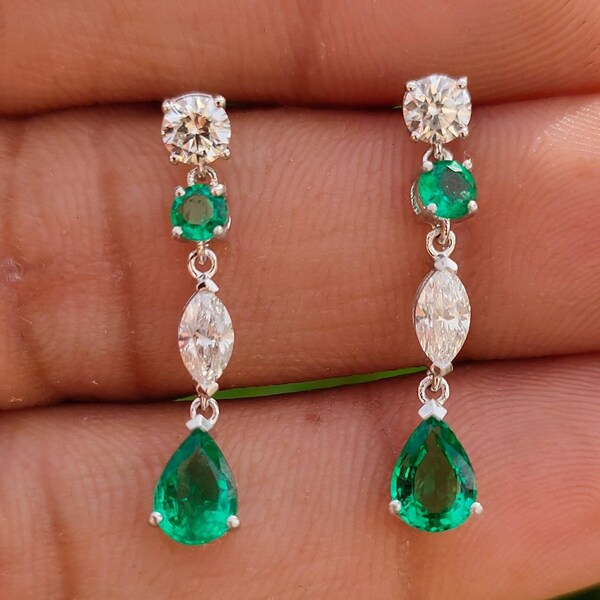 Rare Emerald Earrings Natural Emerald dangle Earrings Solitaire Diamond natural Emerald drop earrings