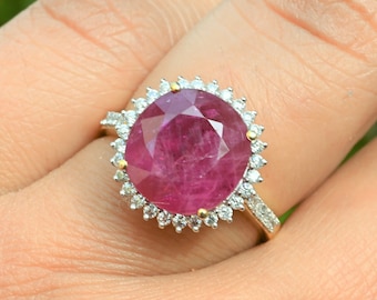 Natural Ruby Engagement Ring, 14K Solid Gold Diamond Halo Bridal Ring, July Birthstone