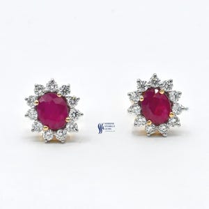 Ruby Diamond Halo Stud Earrings in Gold | Floral July Birthstone Earrings