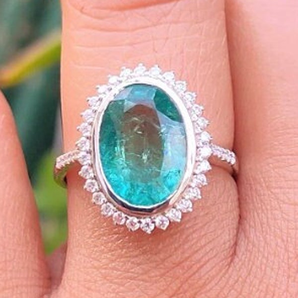 Natural Emerald 14k White gold ring halo diamond neon green emerald ring women girls emerald halo ring blue green emerald halo promise ring