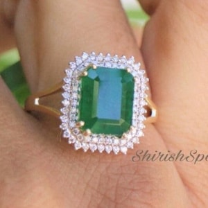 ShirishSparkle Genuine Emerald Engagement Ring for Women wedding Anniversary Ring 3.21ct natural emerald double line halo diamond ring
